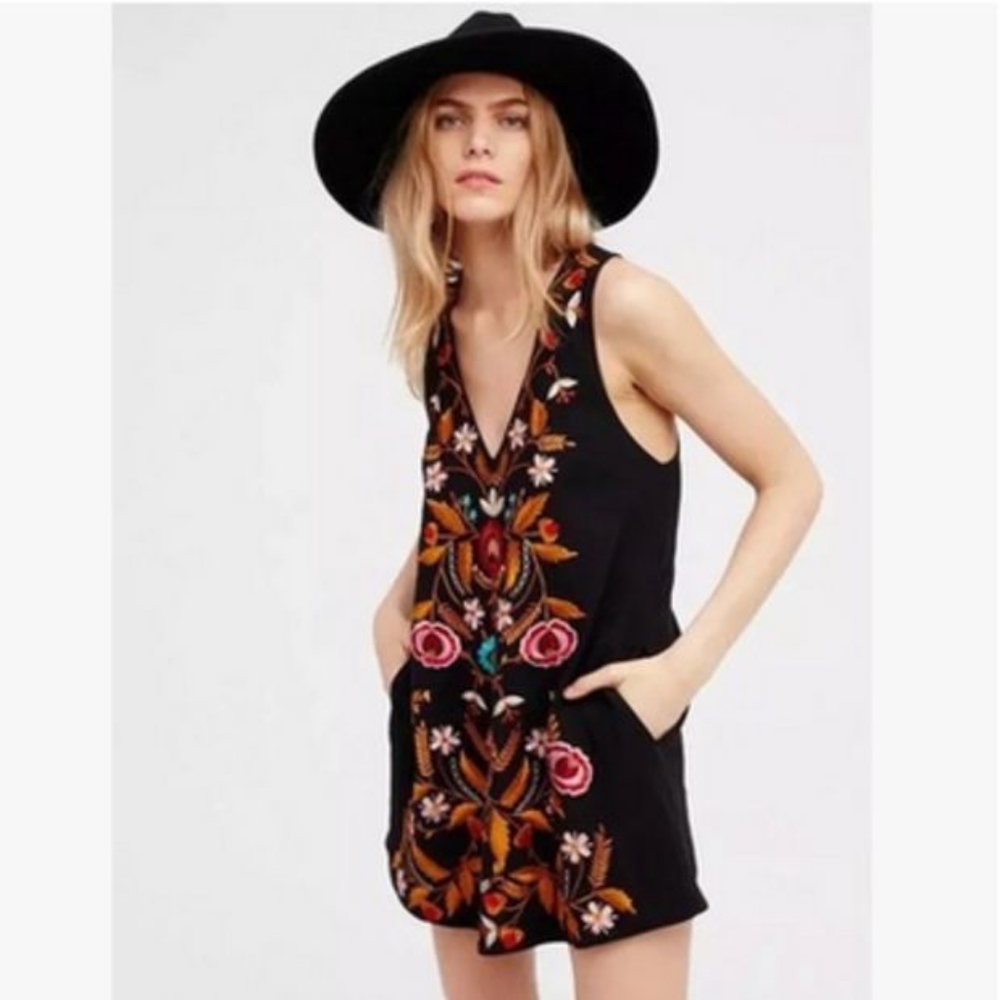 Free People Black Romper like Dress with Multicolor Floral Embroidery